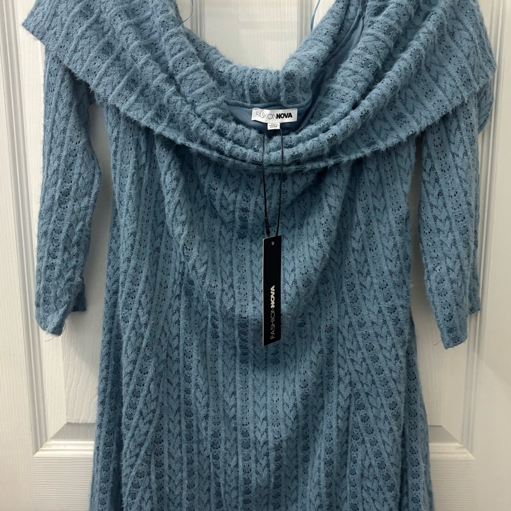 Fashion Nova Off-Shoulder Sweater in Blue